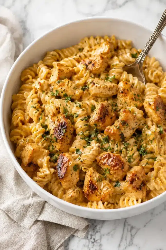 Creamy Cowboy Butter Chicken Pasta served in a bowl