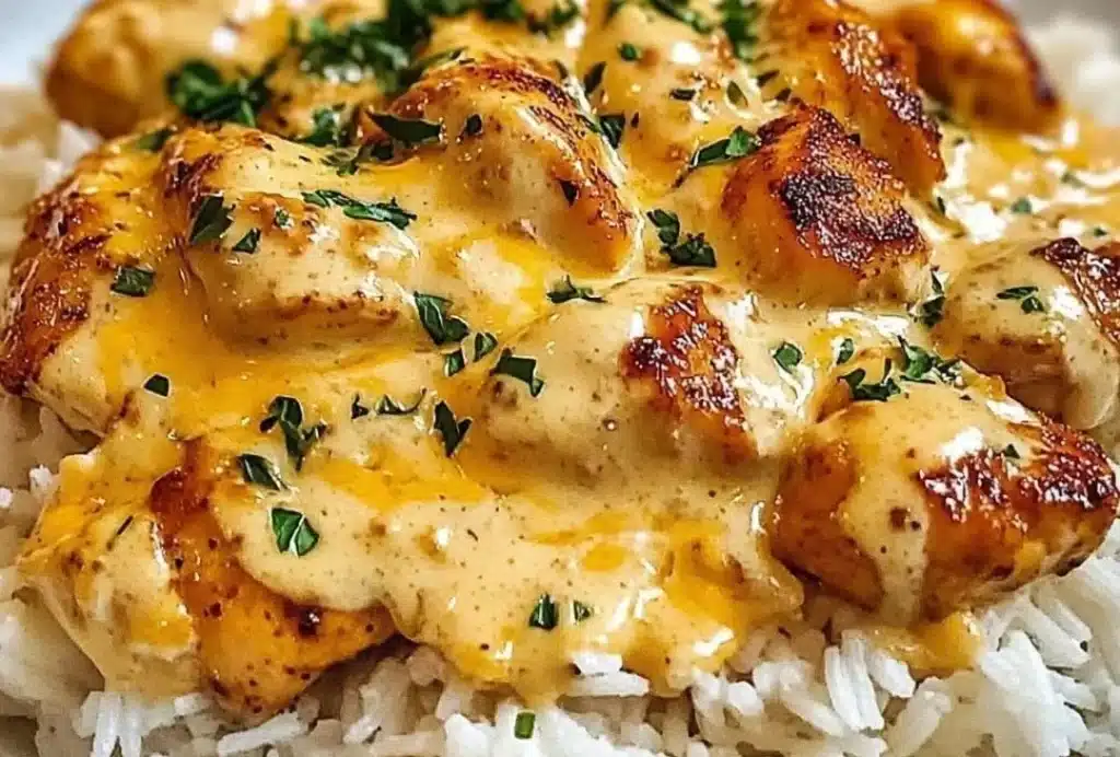 Delicious creamy smothered chicken served over rice in a bowl