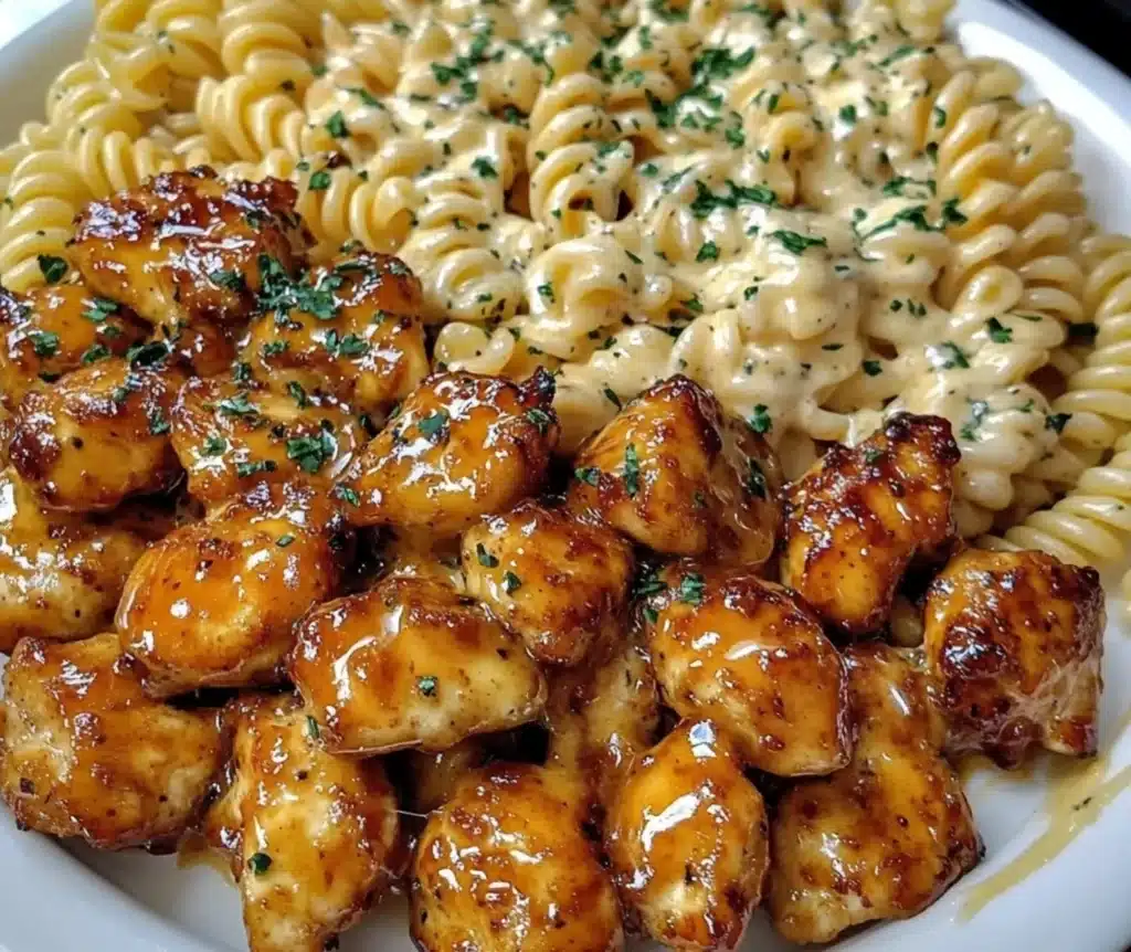 Honey butter garlic chicken bites served with cheesy pasta on a white plate