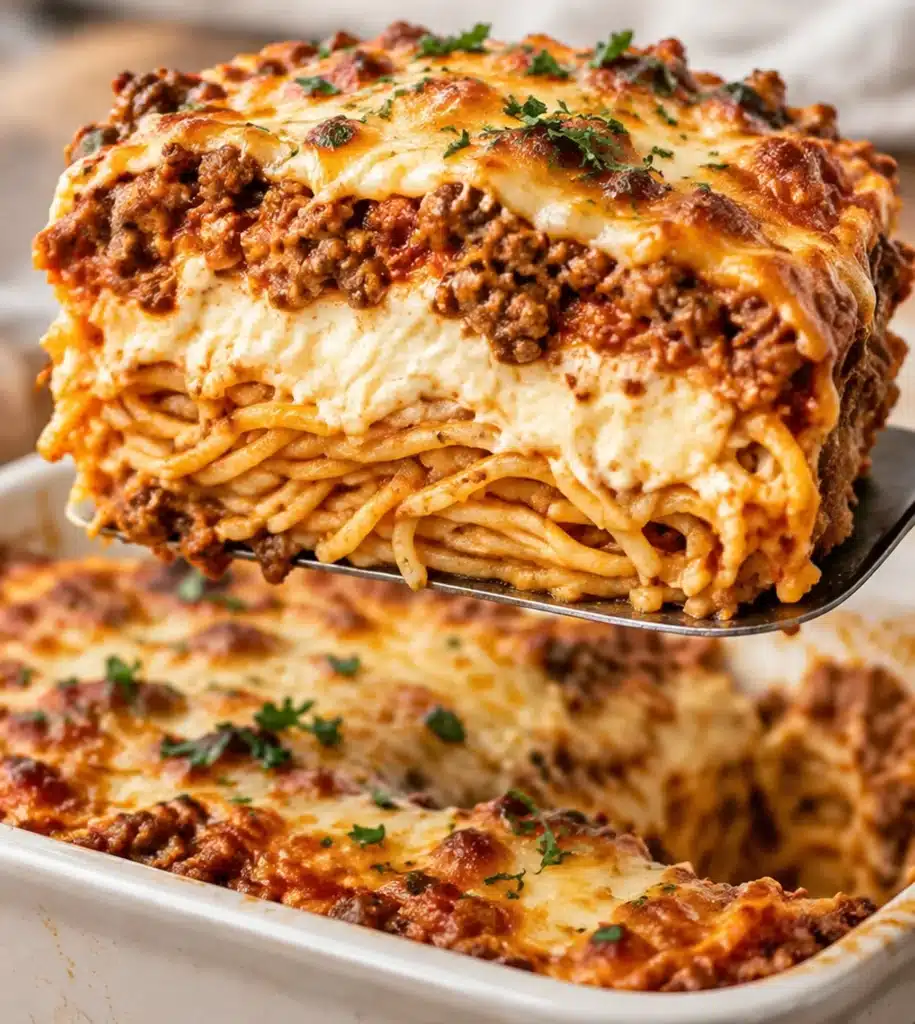 Delicious Easy Million-Dollar Spaghetti Casserole ready to serve