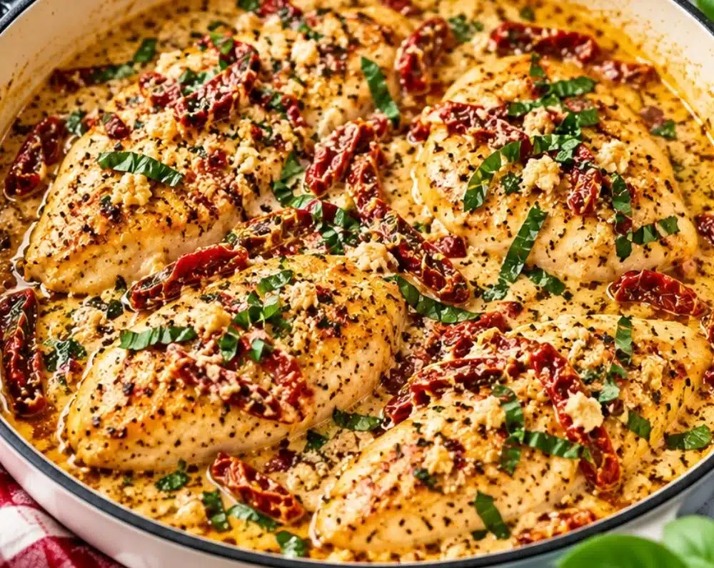 Marry Me Chicken with creamy sun-dried tomatoes on a plate